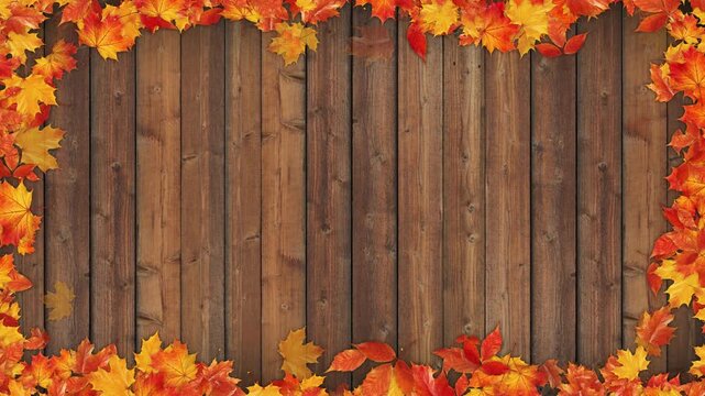 Autumn Colorful Maple Leaves Frame on Wooden Background Animation, Fall Foliage Border for Halloween Celebration and Thanksgiving Sale Stream Videos Social media motion design element
