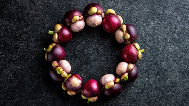 A circular arrangement where mangosteen forms a decorative ring around empty center copy space designed for advertising
