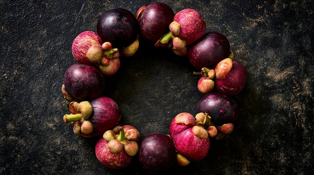 A circular arrangement where mangosteen forms a decorative ring around empty center copy space designed for advertising
