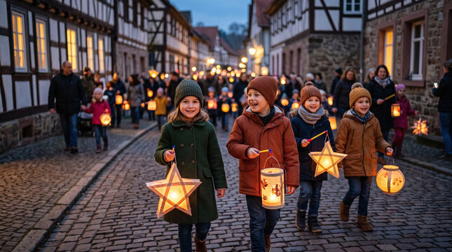Happy children carrying glowing paper lanterns in Martinmas procession at dusk