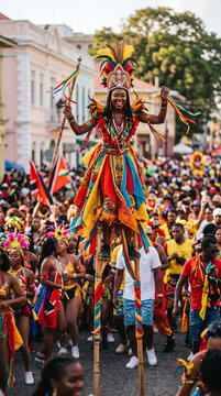 Joyful Moko Jumbie stilt walker performs at Trinidad Carnival street parade