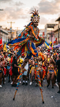 Moko Jumbie stilt walker performing at vibrant Trinidad Carnival street parade