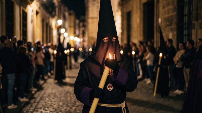 Nazareno holding a lit candle during the traditional Holy Week procession at night