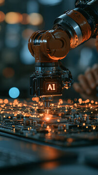 Futuristic robotic arm with AI assembling microchip on circuit board in smart factory with sparks