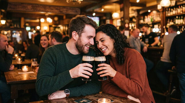 Happy couple celebrating Saint Patrick's Day with stout beer in an Irish pub