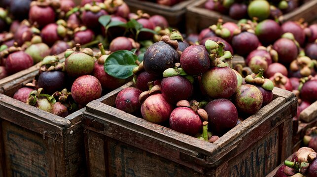 A farmers market-inspired composition featuring mangosteen displayed in rustic wooden crates overflowing with tropical abundance