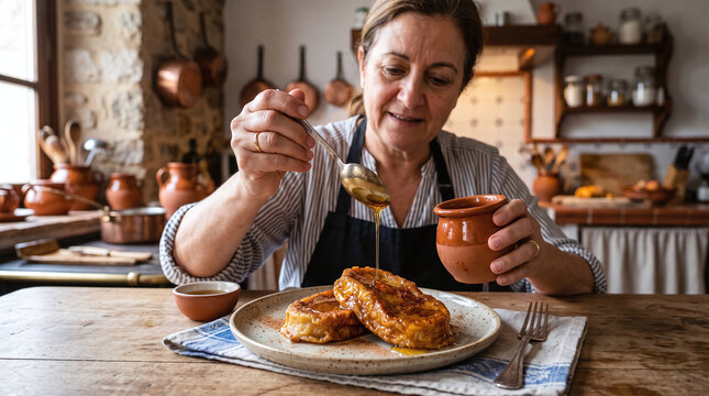 Woman pouring sweet honey syrup over traditional Spanish torrijas for Easter.