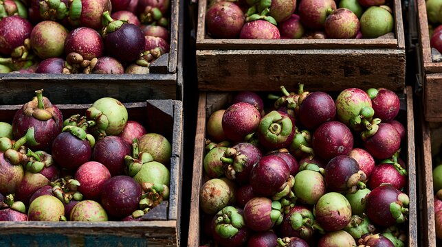 A farmers market-inspired composition featuring mangosteen displayed in rustic wooden crates overflowing with tropical abundance