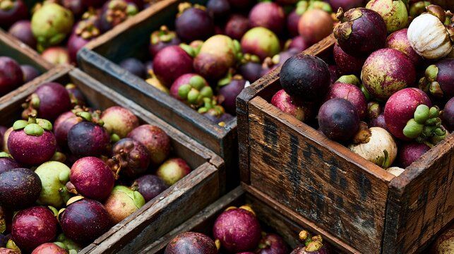 A farmers market-inspired composition featuring mangosteen displayed in rustic wooden crates overflowing with tropical abundance