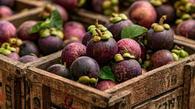 A farmers market-inspired composition featuring mangosteen displayed in rustic wooden crates overflowing with tropical abundance