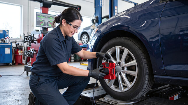Female mechanic attaching wheel alignment clamp to car tire in repair shop