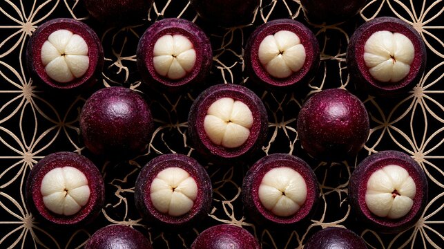 A geometric composition featuring mangosteen arranged within a perfectly balanced grid structure