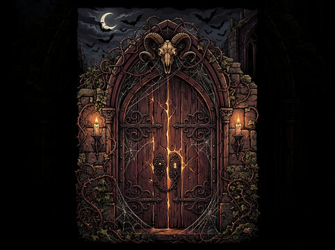 Dark gothic doorway with ram skull and cobwebs illustration against a spooky night background