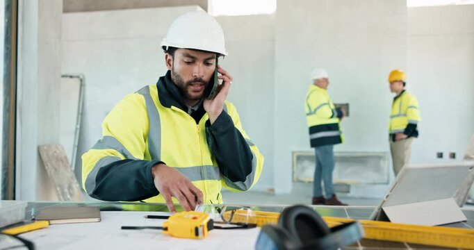 Construction, tablet or supervisor on site with phone call, task brief or progress track in chat. Contact, man or engineer lead with tech, building report or coordination in feedback communication.
