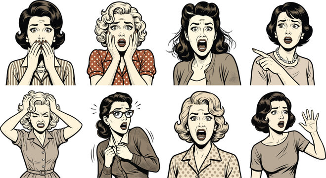 Vintage comic style collection of shocked and surprised women expressions
