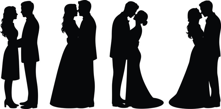 A collection of four distinct black silhouettes of romantic couples standing together, facing each other, and embracing in various poses isolated on a white background