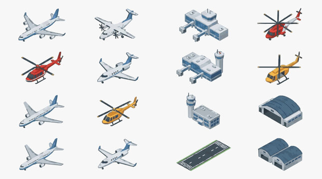 Elegant Collection of Isometric Airplanes Helicopters and Airport Infrastructure in Vibrant Colors