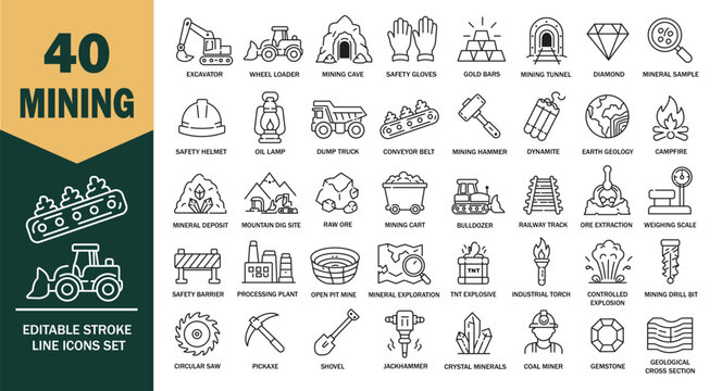 Mining industry editable line icons for digital and print applications