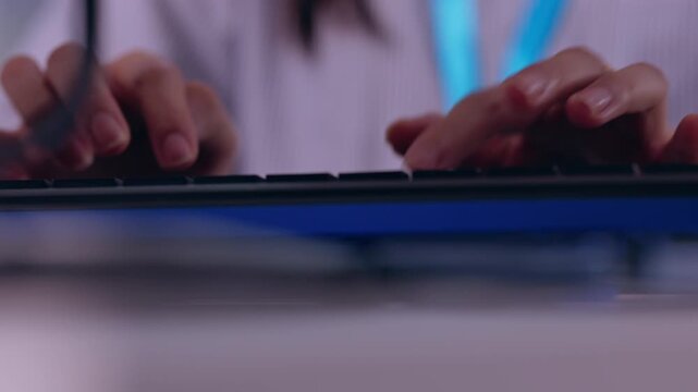 Finger Hand Keyboard Typing Computer Closeup Technology Work Office Digital Hands Typing On Keyboard At Desk In Workspace Soft Blue Light Professional Digital Communication Concept