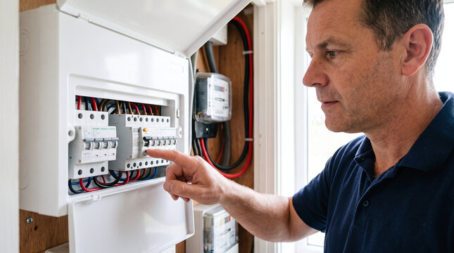 Electrician pressing the test button on electrical breaker panel at home