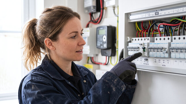 Professional female electrician pressing test button on electrical breaker panel