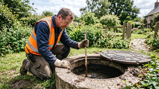 Plumber inspecting sewage level in residential septic tank with measuring stick