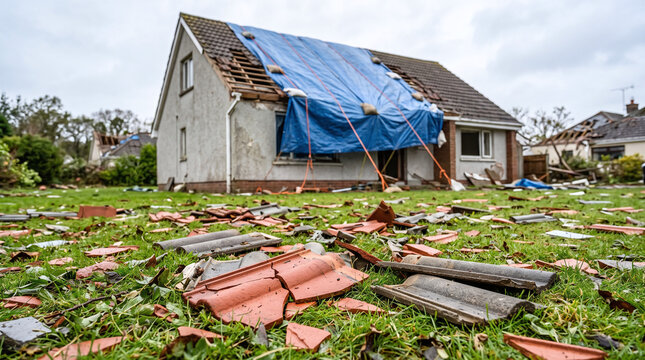 Storm damaged house with broken roof tiles scattered on lawn and blue tarp