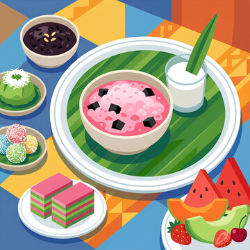 Traditional Indonesian Desserts and Ramadan Takjil Assortment Vector Illustration