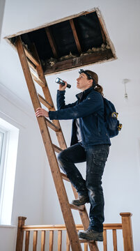 Female surveyor climbing ladder to inspect a loft attic hatch with flashlight