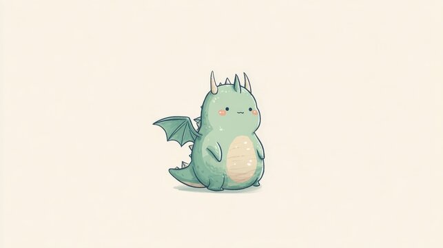 Cute minimal cartoon dragon, tiny wings, pastel green tone, round chubby body, simple clean style, white background