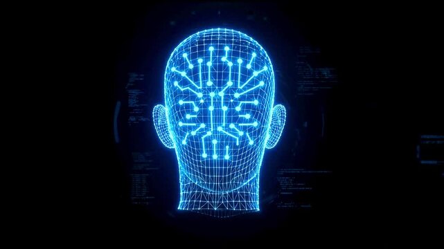 Digital Human Head Silhouette with Integrated Glowing Circuit Board Patterns for Advanced Artificial Intelligence and Cybernetic Neural Network Visualization