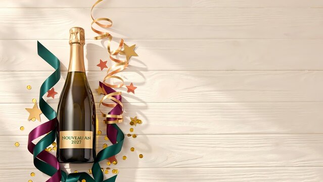 Champagne Bottle Flat Lay with Colorful Curled Ribbons and Gold Stars on White Wood Table