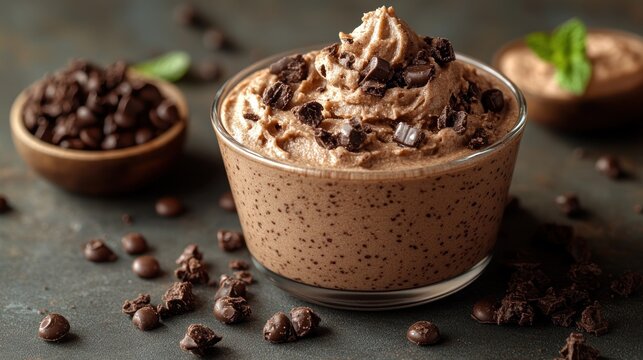 Rich chocolate mousse with shavings and mint a delight for dessert lovers