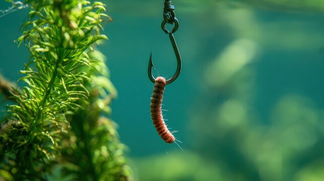 Close-up of fishing hook with live bait worm hanging in clear water environment with green aquatic plant in natural outdoor background
