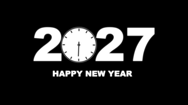 Happy new year 2027 text animation with clock icon. Countdown new year 2027. Digital Time Progress happy new year 2027 countdown animation, 4k