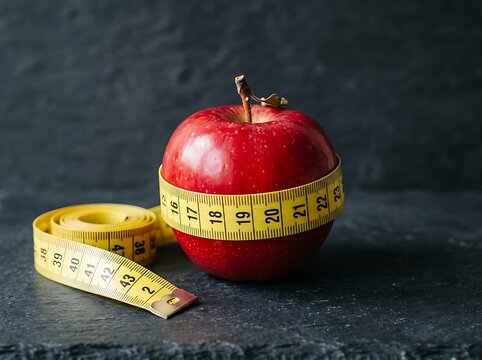 A ripe red apple wrapped in a yellow tape measure on a dark slate surface for health concept.