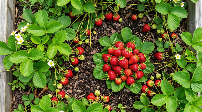 Fresh ripe strawberries growing on green plants.