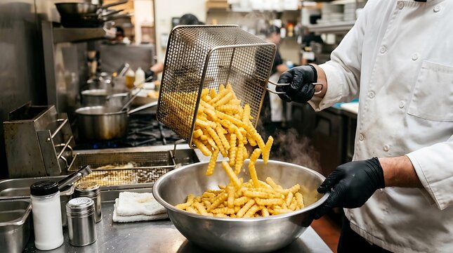 Action shot of steaming crinkle french fries poured from wire mesh basket in commercial kitchen setting.