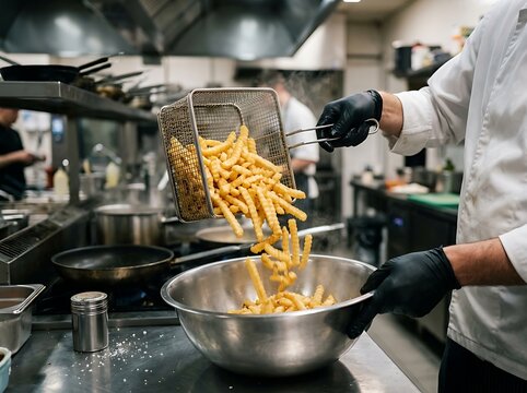 Freshly fried golden crinkle cut french fries falling from wire basket into stainless steel bowl indoors.