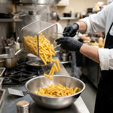 A chef in white uniform pouring hot crinkle cut fries from metal basket into mixing bowl.