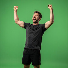 Naklejka premium Excited Athletic Man Celebrating Success With Arms Raised Against Green Screen Background