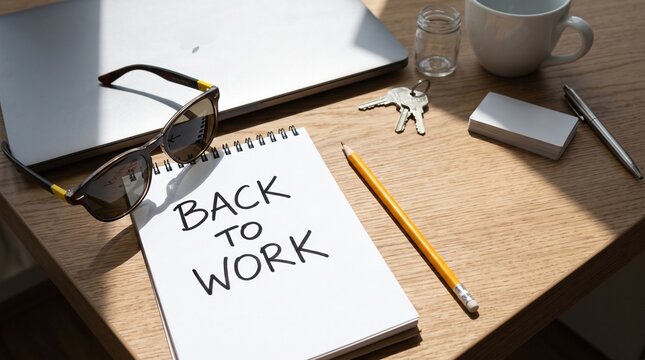 Back to Work notebook with office supplies on desk