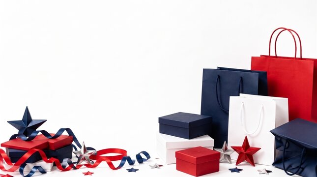 Patriotic gift bags and boxes with red white and blue decor