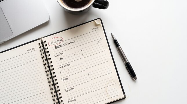 Daily planner notebook with pen and coffee on desk