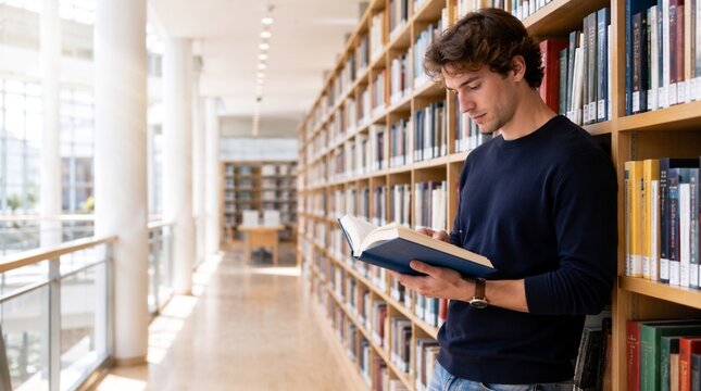 Young man reading book in modern library