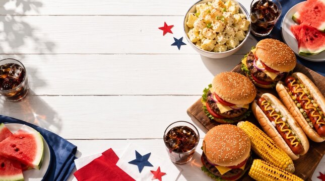 Fourth of July picnic with burgers hot dogs and summer snacks