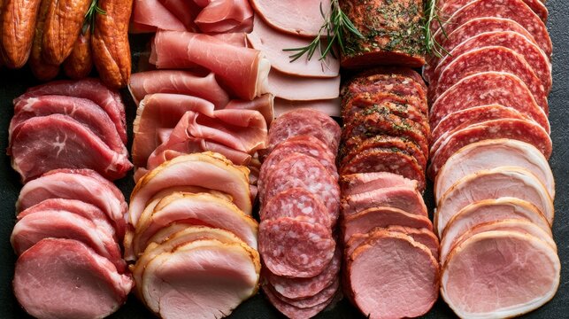 Assorted selection of sliced cured meat, smoked ham, sausage and deli cuts arranged in rows on wooden background