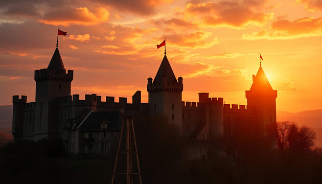 Medieval castle silhouette at sunset with dramatic orange sky and warm backlighting