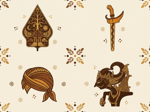 Javanese Cultural Seamless Pattern Vector: Gunungan, Keris, Blangkon, and Wayang Kulit Traditional Batik Motif
