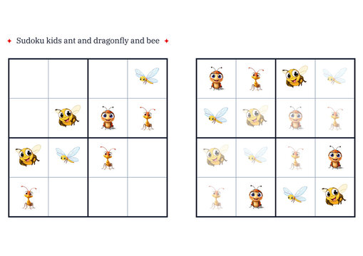 Sudoku puzzle for kids featuring ant, dragonfly, and bee  